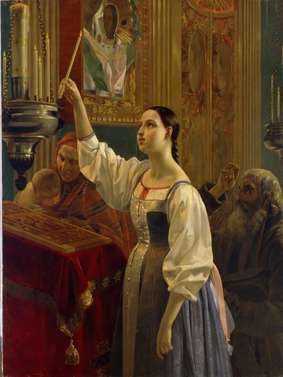 Girl Placing a Candle Before the Icon. by Grigory Mikhailov