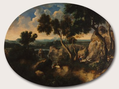 Rocky Landscape with Hunters by Gu Tianzhi
