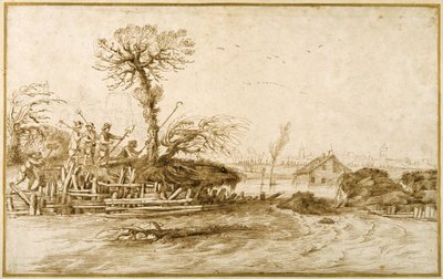 A river in flood, and peasants with axes and other tools by Guercino