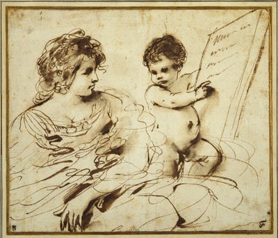 A seated Sibyl accompanied by a putto holding up a large inscribed tablet by Guercino