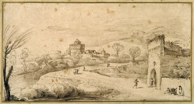 Landscape with a crenellated gatehouse and a winding road by Guercino