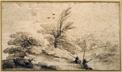Landscape with two fishermen resting by Guercino