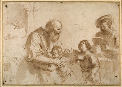 Two boys comforted by a bearded elder, while another bearded, middle-aged man reads a book by Guercino