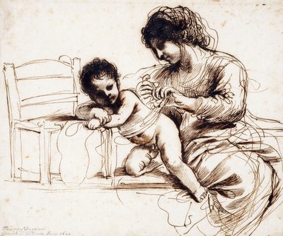A Mother and Child by a Chair by Guercino