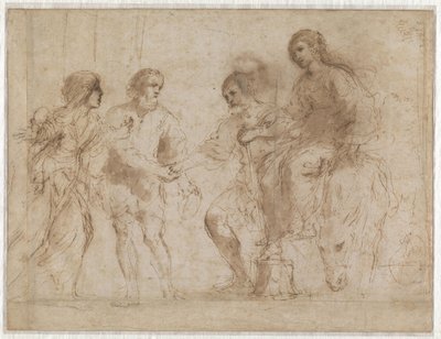 Meeting of Mary and Joseph in front of the House of Elizabeth and Zechariah (recto) Mary and Elizabeth at the Foot of a Staircase (verso) by Guercino