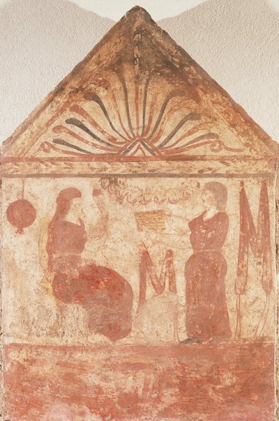 Painted tombstone showing Woman seated on throne in act of spinning by Guglielmo Bilancioni