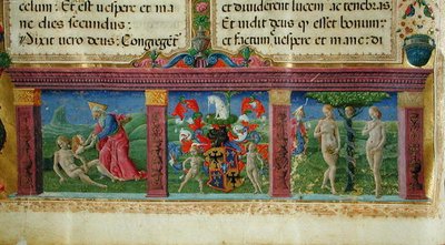 The Creation and Temptation of Adam and Eve with the coat of arms of the House of Este, from the Bible des Chartreux by Guglielmo Giraldi