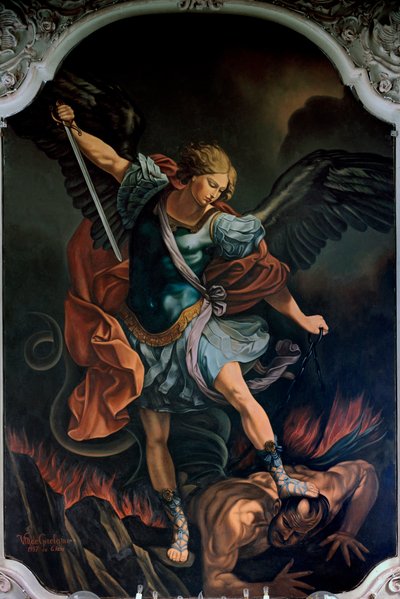 The Archangel Saint Michael Terrassing the Dragon by V. M. De Girolamo after Guido Reni, 1957 by Guido Reni