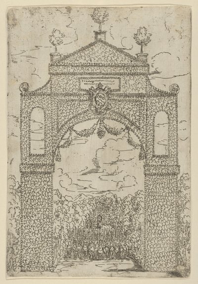 Triumphal arch covered in foliage with mounted troops below, a temporary decoration for the event by Guido Reni