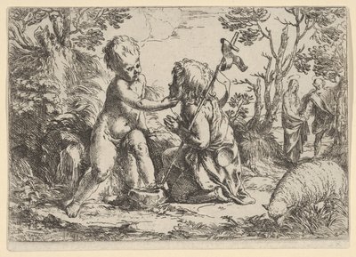 Young Saint John the Baptist kneeling before the infant Christ who caresses his face by Guido Reni