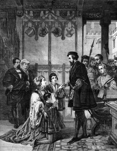 Philippa Welseren implores the forgiveness of Ferdinand I of Habsburg, Emperor of Germany for his morganatic marriage to his son Archduke Ferdinand Count of Tyrol. Prague 1558. From a painting by Gui by Guillaume (after) Koller