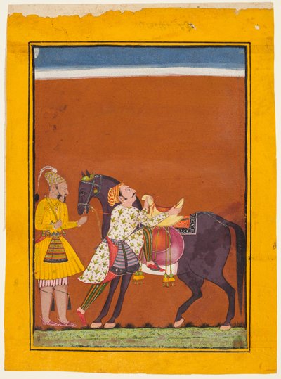 A Warrior Mounting a Held Horse: Saindhava Ragaputra of Shri, from a Chamba Ragamala by Guillaume Benjamin Amand Duchenne (de Boulogne)