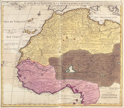 Map of Barbaria (Morocco, Algeria, Tunisia, Libya), Nigritude (Mali, Burkina Faso, Niger) and Guinee (Senegal, Guinea, Sierra Leone, Liberia, Ivory Coast, Ghana, Togo, Benin, Nigeria) (etching) by Guillaume Delisle