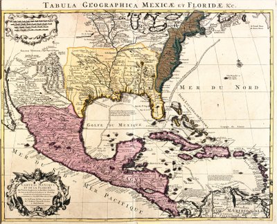Map of Mexico and Florida with the Caribbean Islands (Cuba, Haiti, Jamaica, Antilles) (etching) by Guillaume Delisle