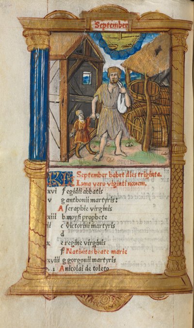 Printed Book of Hours (Use of Rome): fol. 10v, September calendar illustration by Guillaume Le Rouge