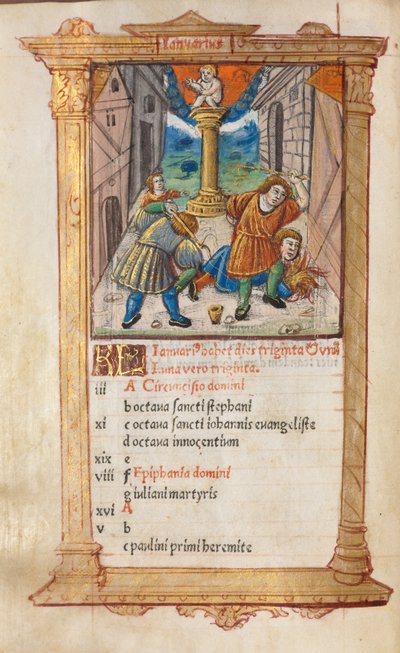 Printed Book of Hours (Use of Rome): fol. 2v, January calendar illustration by Guillaume Le Rouge