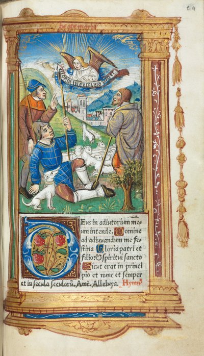 Printed Book of Hours (Use of Rome): fol. 36r, Annunciation to the Shepherds by Guillaume Le Rouge