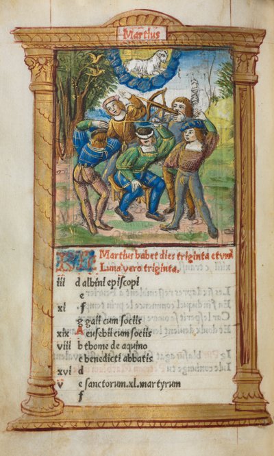 Printed Book of Hours (Use of Rome): fol. 4v, March calendar illustration by Guillaume Le Rouge