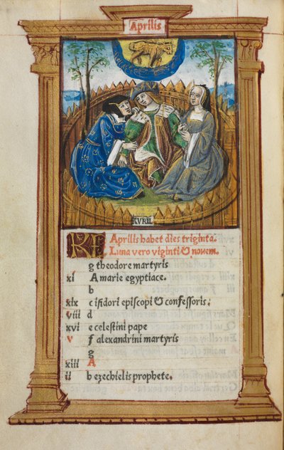 Printed Book of Hours (Use of Rome): Folio 5v, April Calendar Illustration by Guillaume Le Rouge