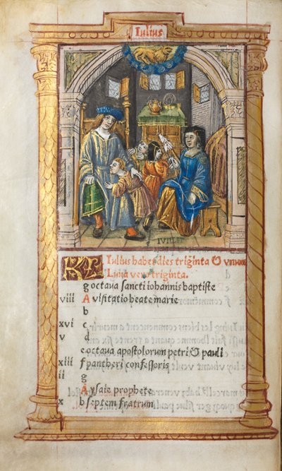 Printed Book of Hours (Use of Rome): July calendar illustration by Guillaume Le Rouge