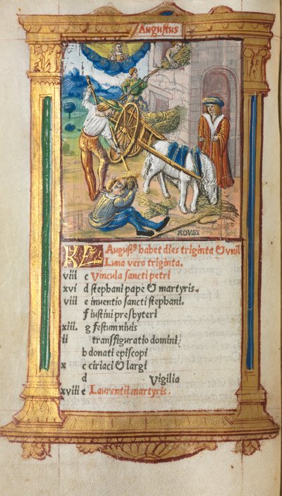 Printed Book of Hours (Use of Rome): fol. 9v, August Calendar Illustration by Guillaume Le Rouge