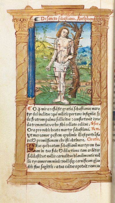 Printed Book of Hours Use of Rome: fol. 102v, St. Sebastian by Guillaume Le Rouge