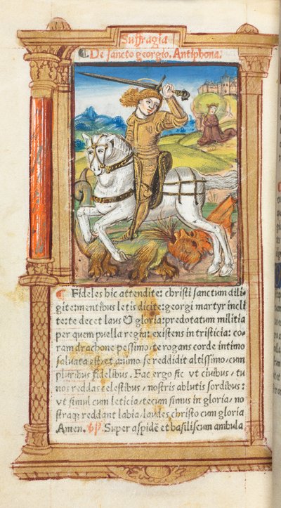Printed Book of Hours Use of Rome: fol. 103v, St. George Slaying the Dragon, 1510 by Guillaume Le Rouge