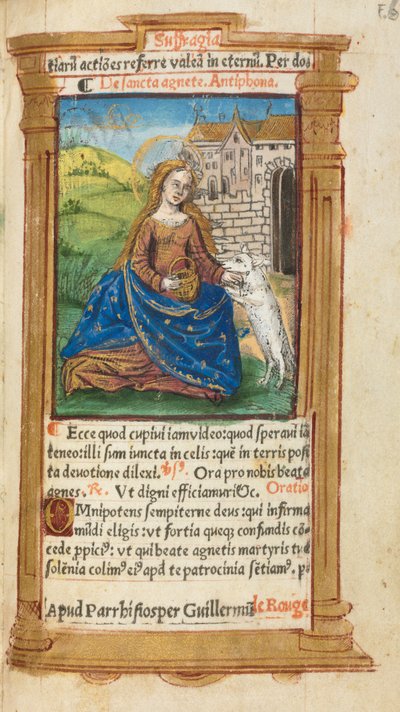 Printed Book of Hours Use of Rome: fol. 112r, St. Agnes by Guillaume Le Rouge