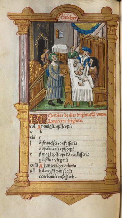Printed Book of Hours Use of Rome: fol. 11v, October calendar page by Guillaume Le Rouge