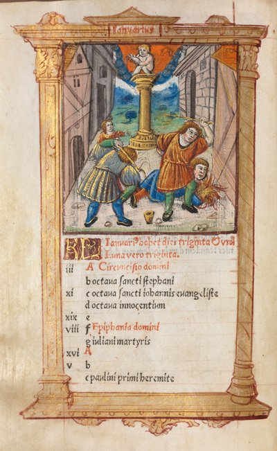 Printed Book of Hours Use of Rome: fol. 2v, January calendar illustration by Guillaume Le Rouge