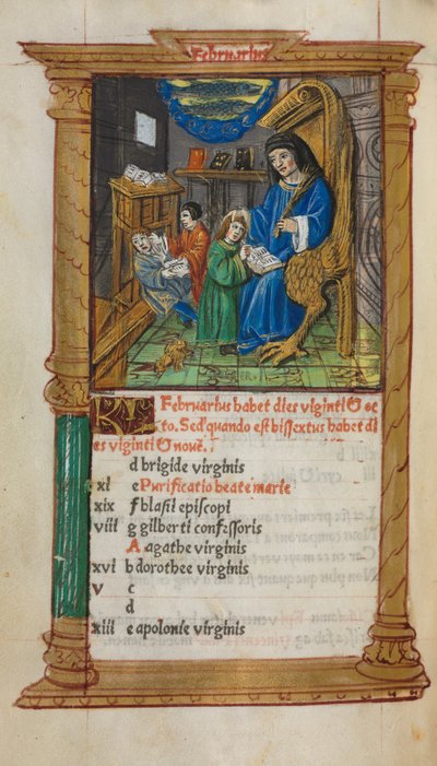 Printed Book of Hours Use of Rome: fol. 3v, February Calendar Illustration by Guillaume Le Rouge