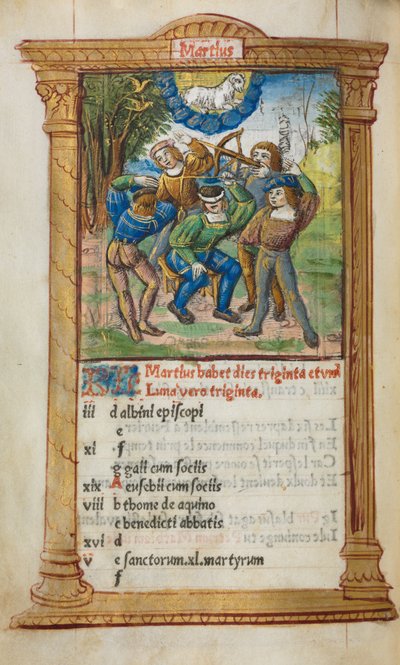 Printed Book of Hours Use of Rome: fol. 4v, March Calendar Illustration, 1510 by Guillaume Le Rouge