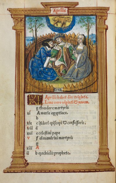 Printed Book of Hours Use of Rome: fol. 5v, April Calendar Illustration, 1510 by Guillaume Le Rouge