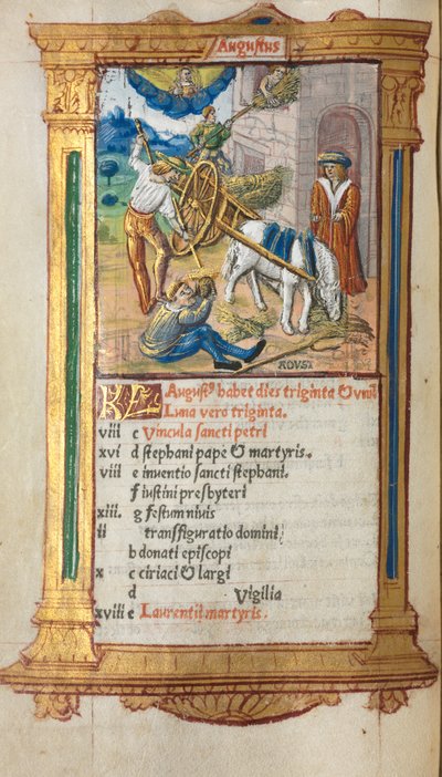 Printed Book of Hours Use of Rome: August calendar illustration by Guillaume Le Rouge
