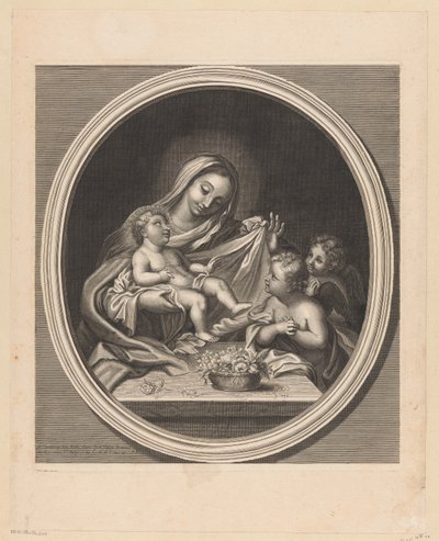 Mary with Child and Two Angels Behind a Table with a Basket of Flowers by Guillaume Vallet