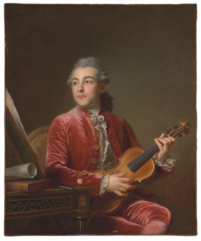 Portrait of a Gentleman, Half-Length, Seated in a Red Velvet Jacket with a Violin by Guillaume Voiriot