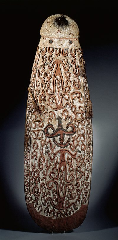 Oval Asmat shield, carved in relief with scrolling ornament incorporating highly stylised figures, plaited tassels to the border by Guinean New