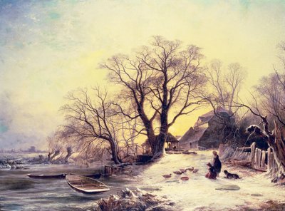 Figures outside a cottage in winter by Gustaf Fredrik Rydberg