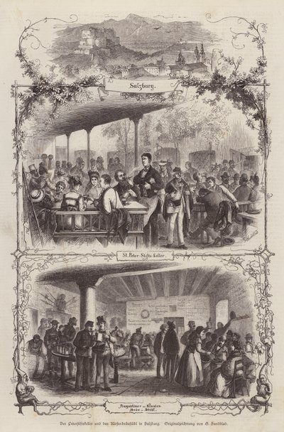 Peterstiftkeller and Klosterbraustubl, beer halls in Salzburg, Austria by Gustav (after) Sundblad