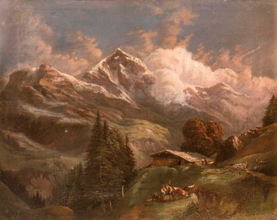 Busy Alpine Pasture with View of Alpine Peaks - Großglockner? by Gustav Barbarini