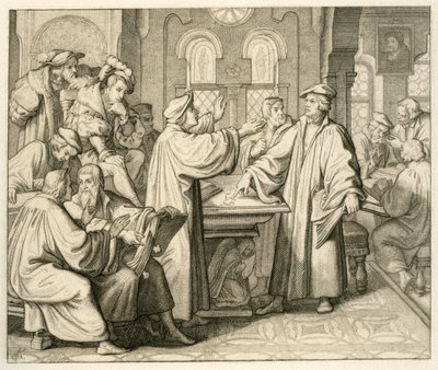 Luther and Ulrich Zwingli discussing the sacrament without agreement, Marburg 1529 by Gustav Ferdinand Leopold Konig