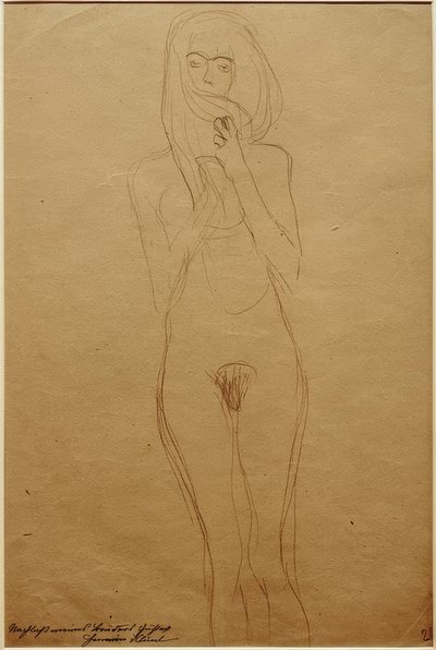 Standing Female Nude with Mouth Covered by Hair by Gustav Klimt