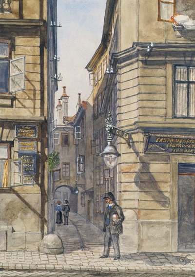 The Brunngasse with the First Vegetarian Restaurant in Vienna by Gustav Korompay