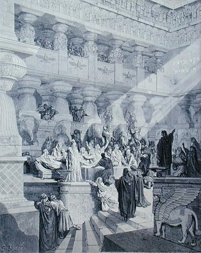 Daniel Interpreting the Writing on the Wall, engraved by A. Ligny by Gustave (after) Dore
