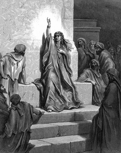 Deborah, Hebrew prophetess who delivered her people from Jabin, King of Canaan, and his general Sisera, singing her song of triumph. Judges 5:1. 13th century BC. From Gustave Dore