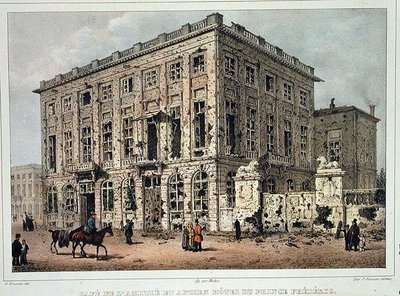 The Cafe Amitie and the Old Hotel du Prince Frederic, Brussels, after the Fighting of 23rd-26th September 1830, engraved by Jean Baptiste Madou by Gustave Adolphe (after) Simoneau