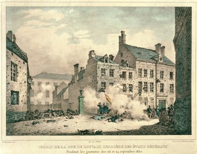 Fighting in the Rue de Louvain, Brussels, Behind the Etats Generaux, 23rd-24th September 1830 (engraved by Jean Baptiste Madou) by Gustave Adolphe after Simoneau