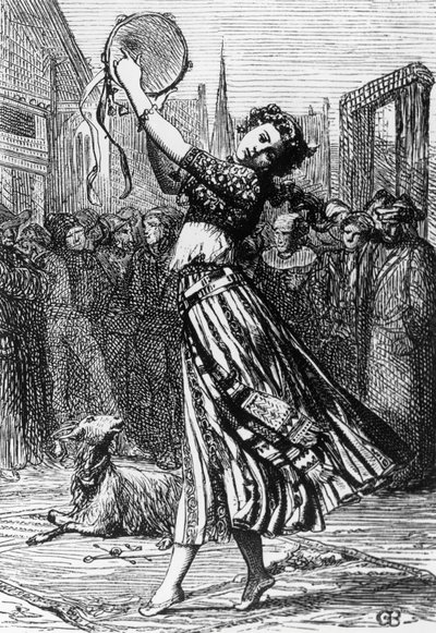 Esmeralda with her goat Djali, illustration for Hunchback of Notre-Dame, novel by Victor Hugo, engraving after drawing by Gustave Brion, published by Hetzel, Paris by Gustave Brion