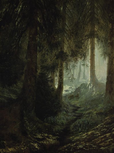 Deer in a Forest Landscape by Gustave Dore