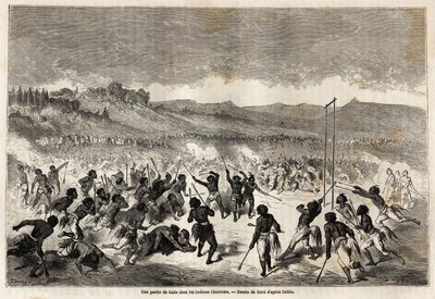 A ball game among the Choctaw Indians, tribe of the Mississippi region, drawn by Gustave Dore, to illustrate the Mississippi voyage to the Pacific Ocean in 1853-54 by Baudouin Mollhausen. Engraving in 